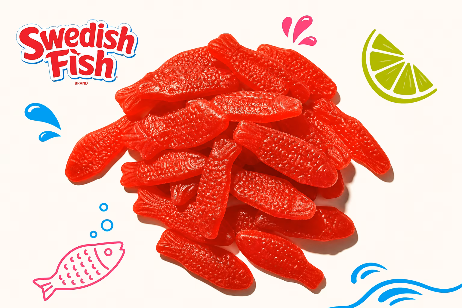A pile of red Swedish Fish candies