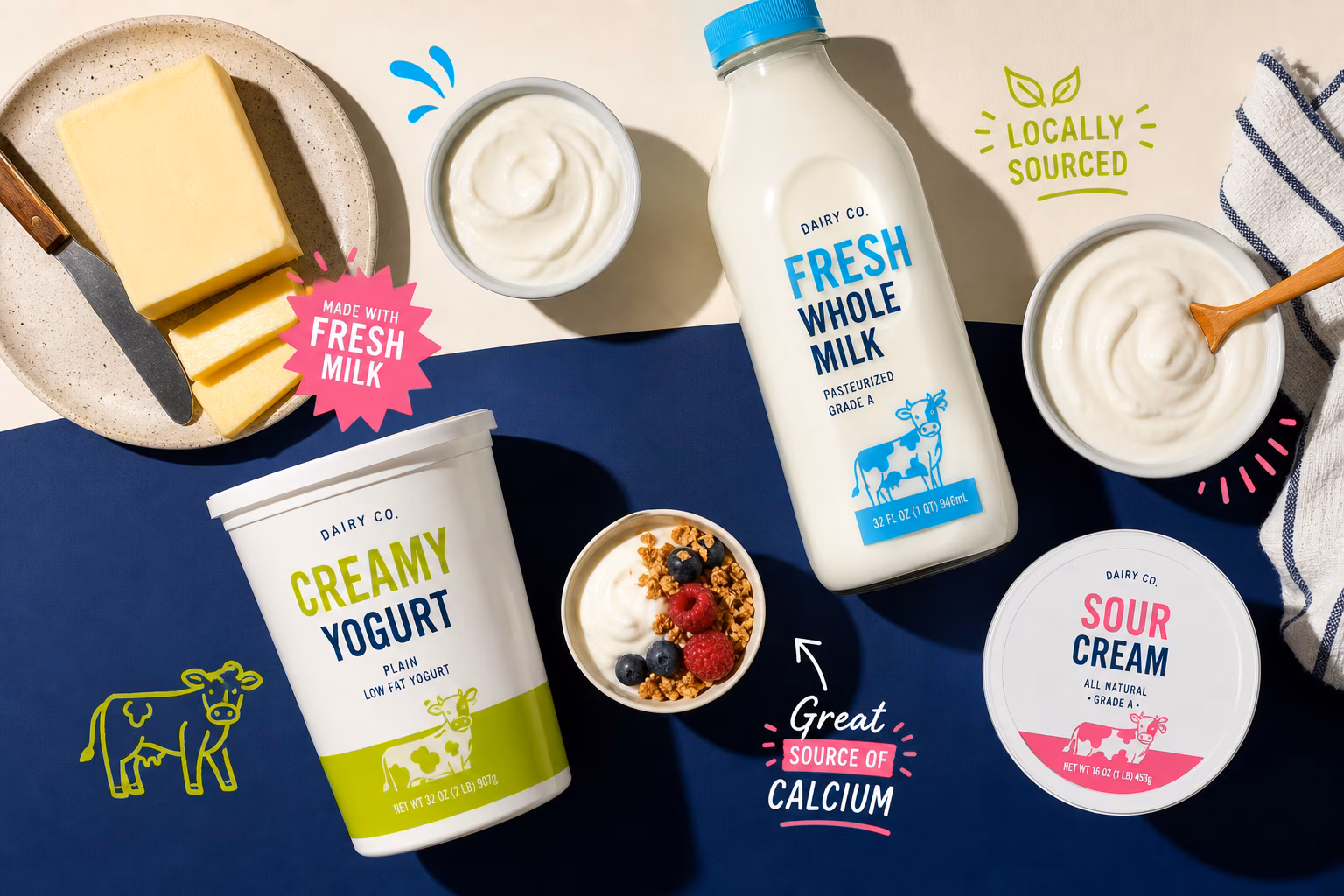 A variety of dairy products on a table