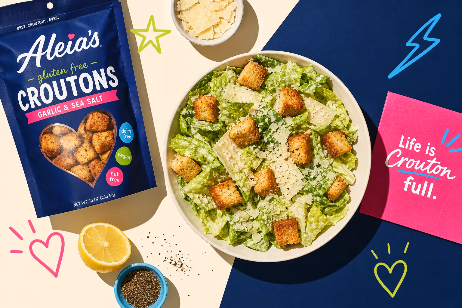 Aleia's gluten-free croutons on a Caesar salad.