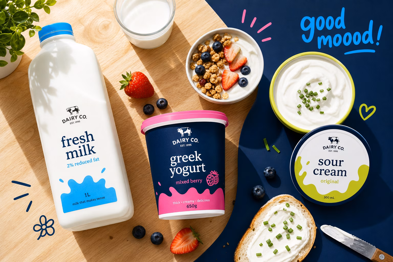 Assorted dairy products on a countertop