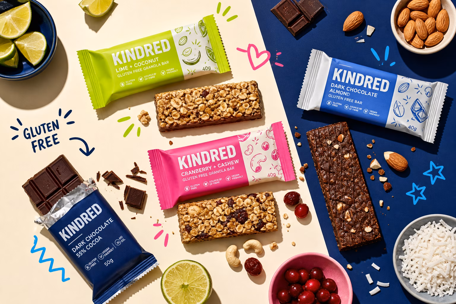 Assorted gluten-free granola bars and chocolate treats