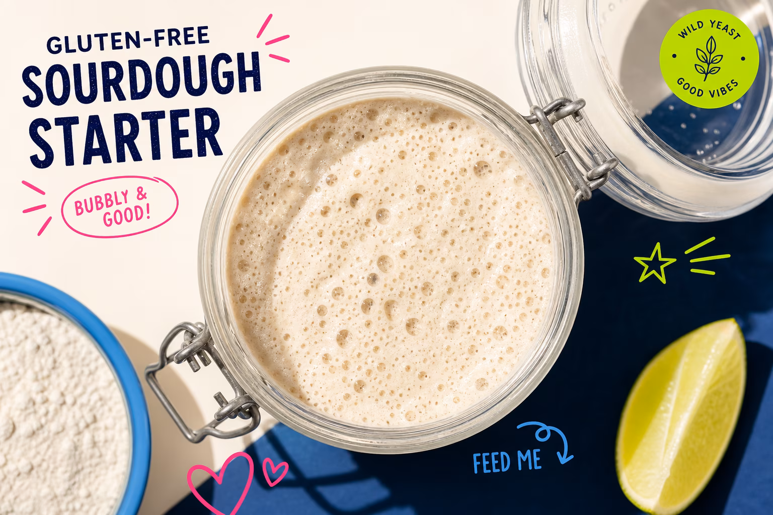 Bubbling gluten-free sourdough starter in a glass jar