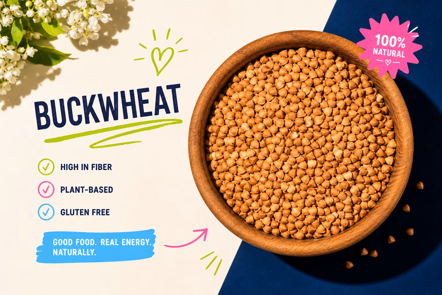 Buckwheat groats in a wooden bowl