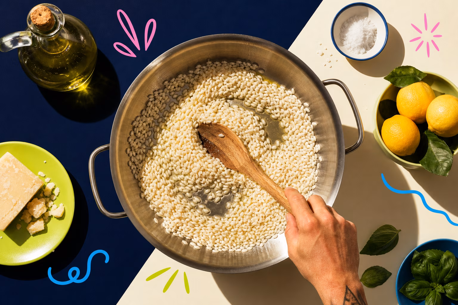 Chef toasting arborio rice in a pan