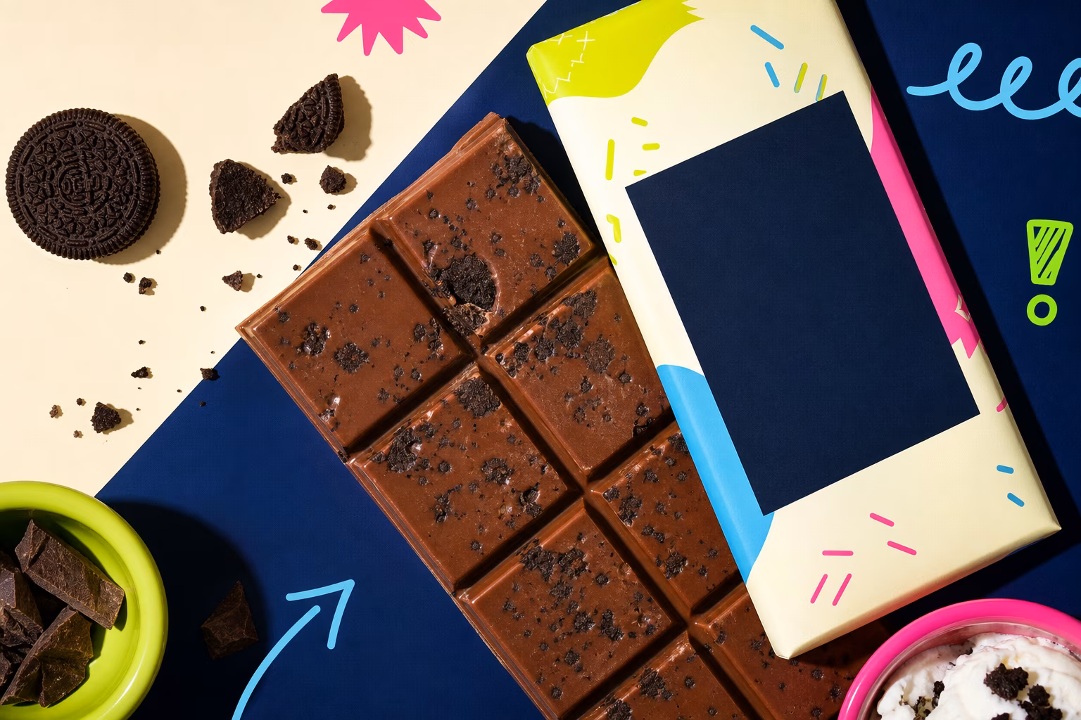 Chocolate bar with cookie bits and ingredient label