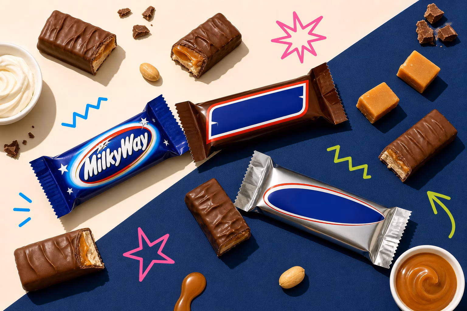 Chocolate candy bars including Milky Way and Snickers on a supermarket shelf