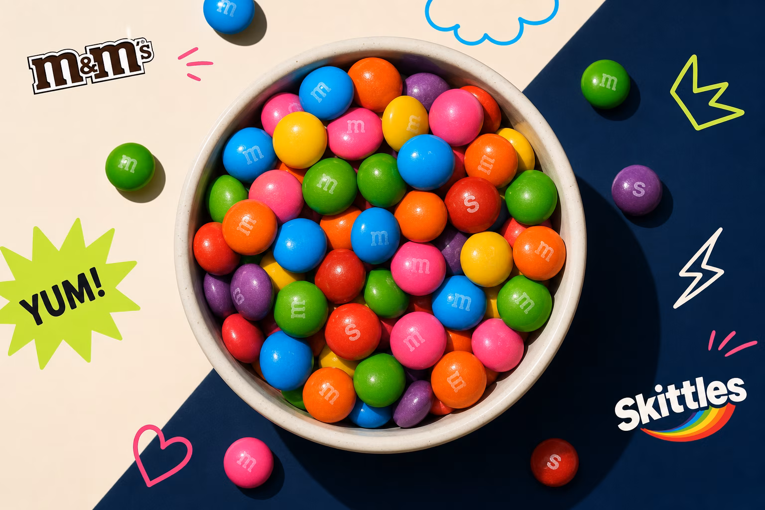 Close-up of colorful M&Ms and Skittles in a bowl