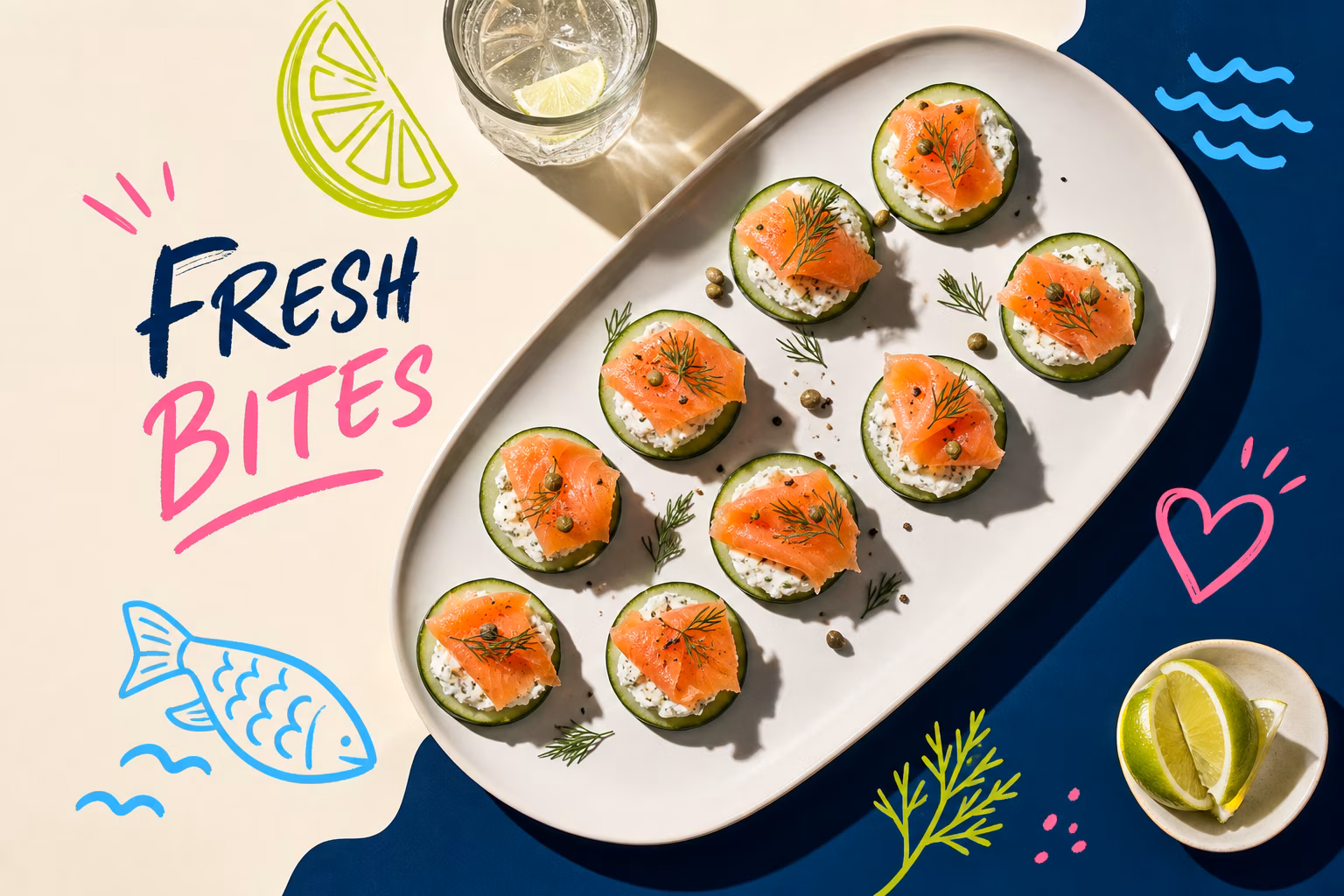 Cucumber rounds with herbed goat cheese and smoked salmon