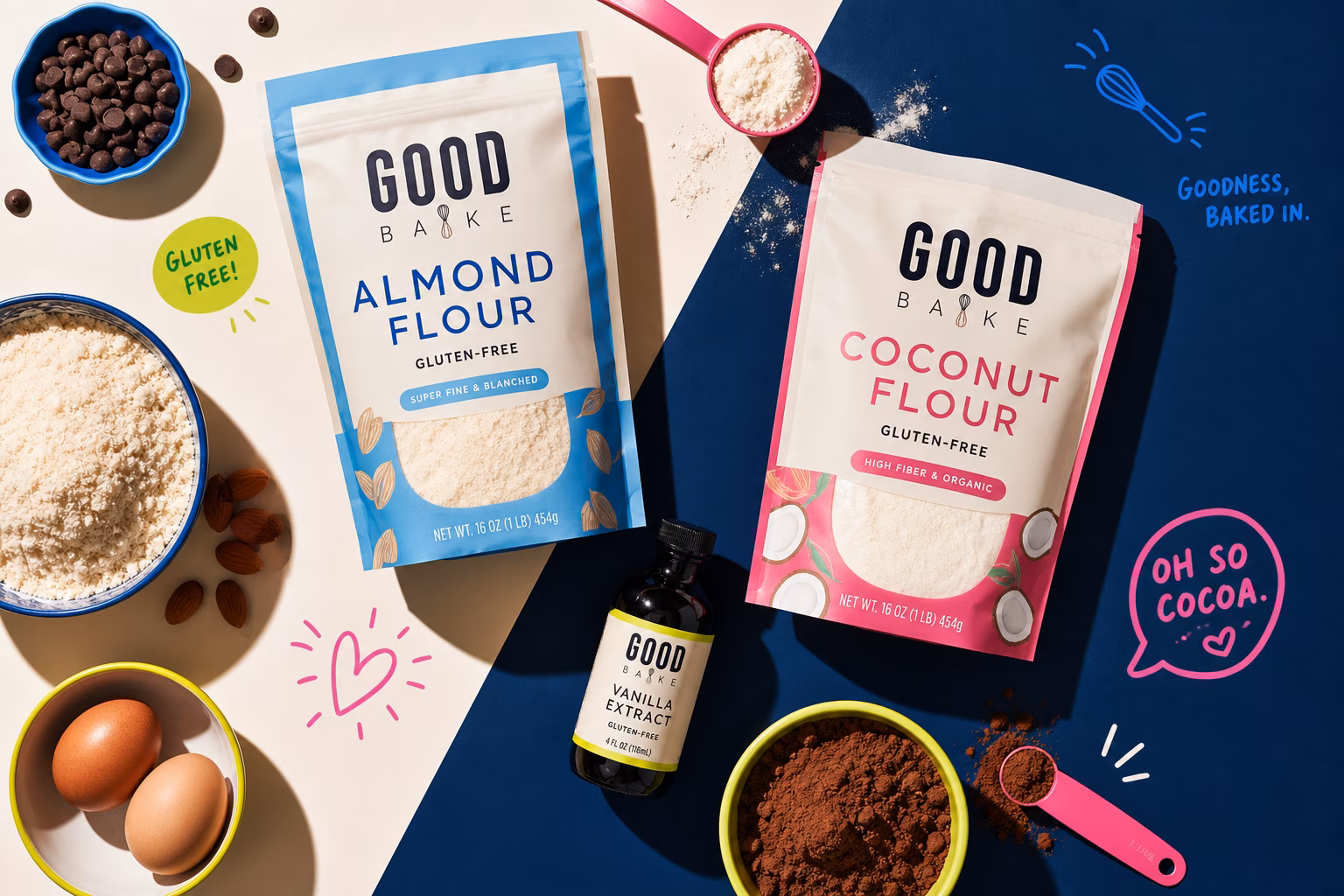 Essential gluten-free baking ingredients on a kitchen counter