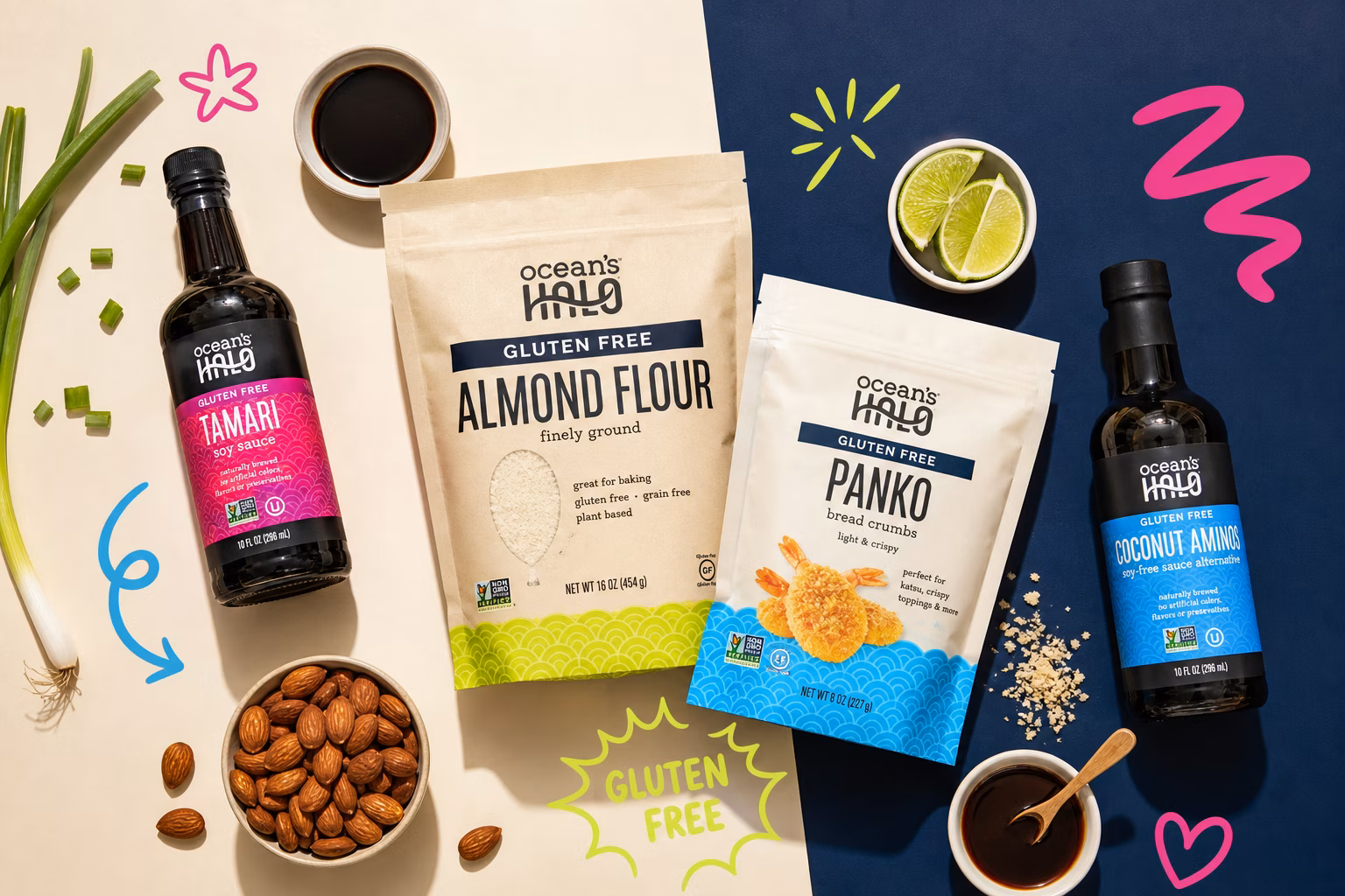 Gluten-free pantry essentials like tamari and almond flour