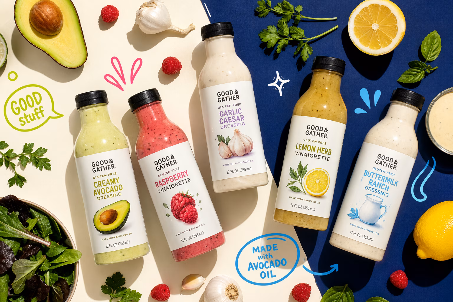 Gluten-free salad dressings on a kitchen shelf