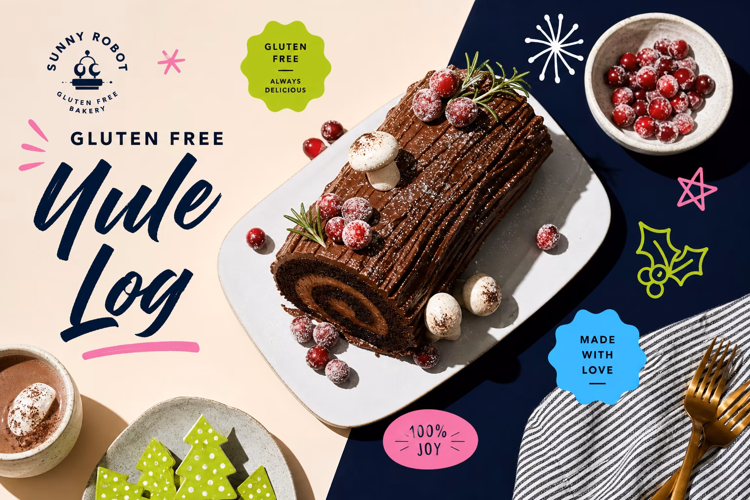Gluten-free Yule Log cake on a festive table