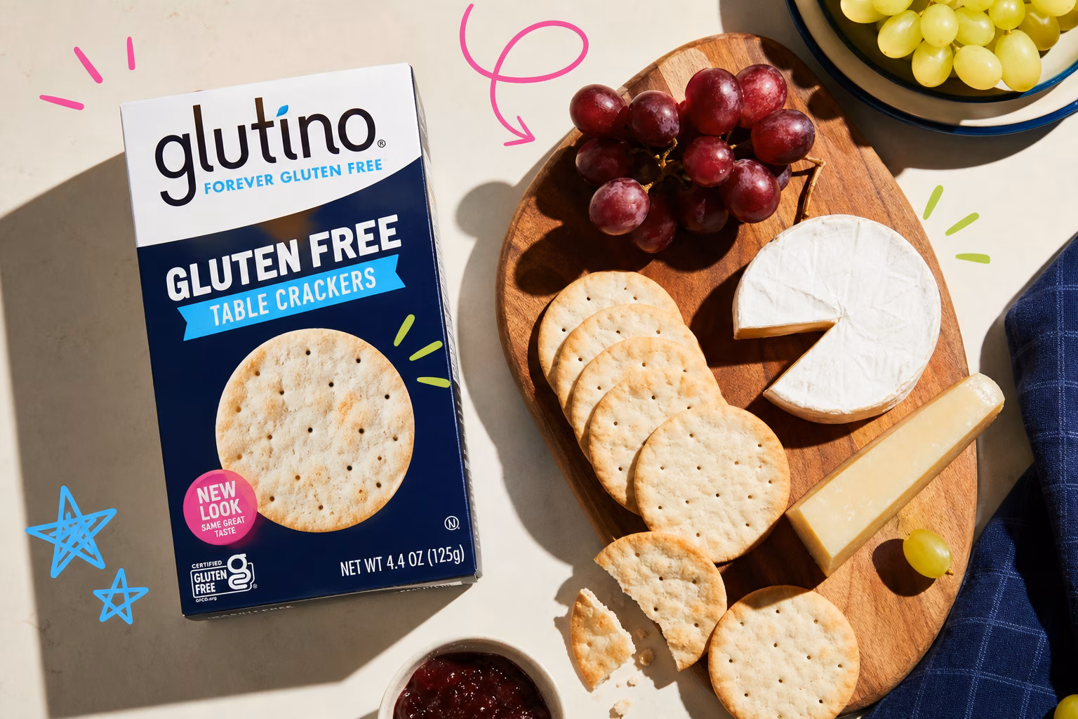 Glutino gluten-free table crackers on a cheese board.