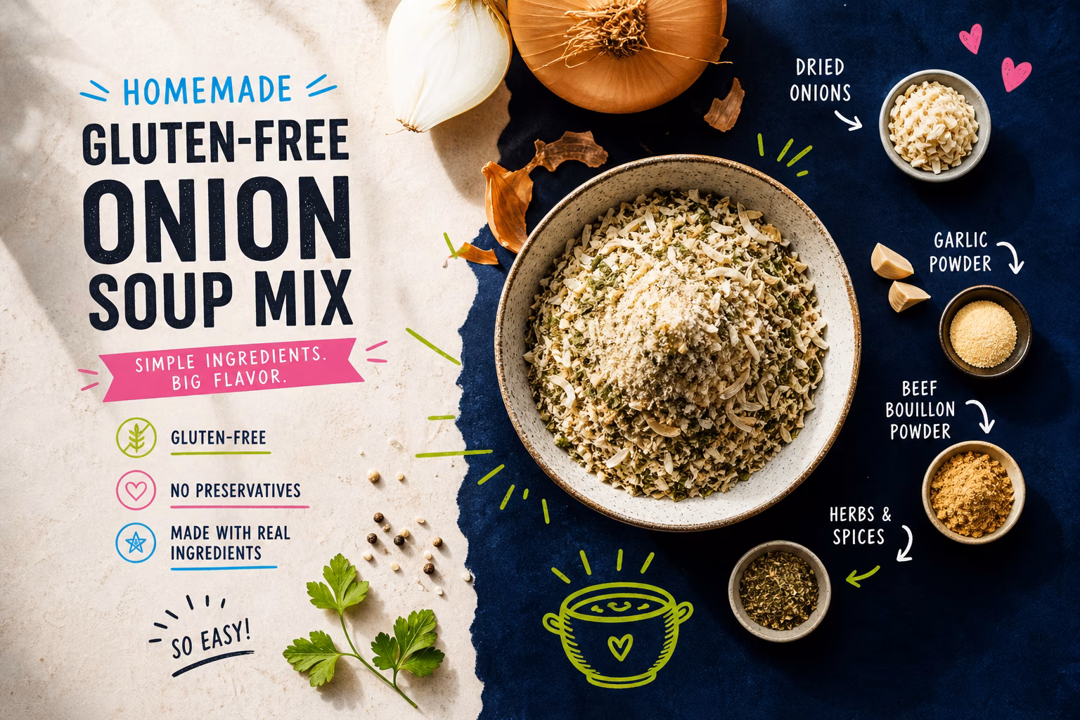 Ingredients for homemade gluten-free onion soup mix
