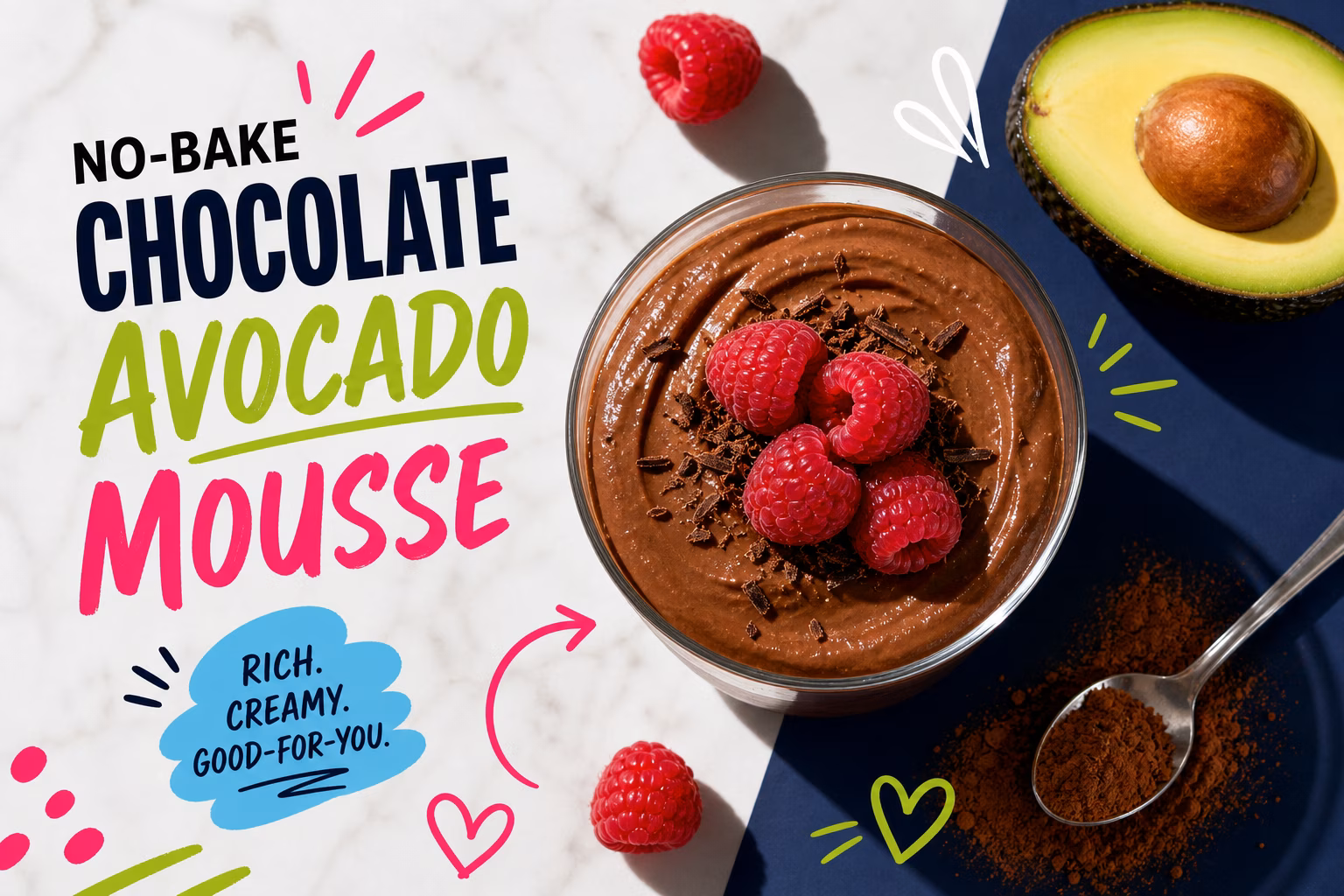No-bake chocolate avocado mousse with raspberries