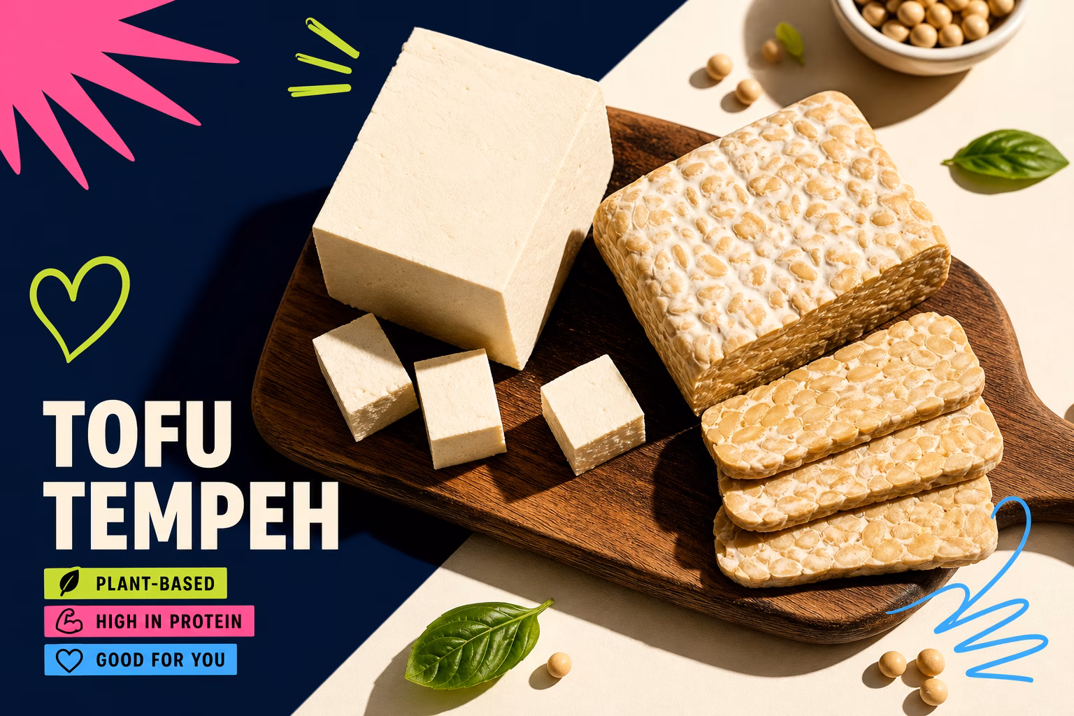 Plain tofu and tempeh blocks on a cutting board