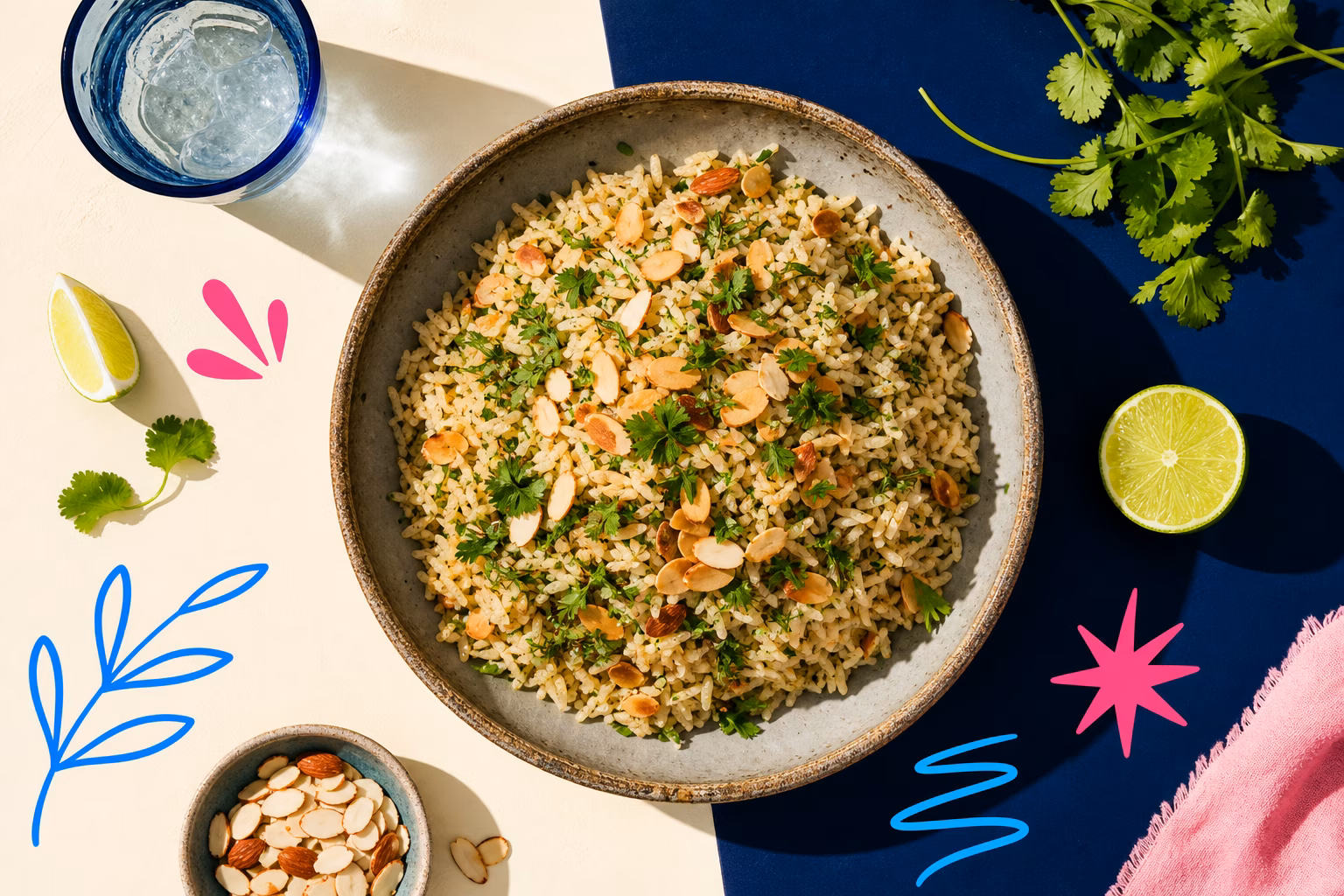 Rice pilaf with herbs and toasted almonds