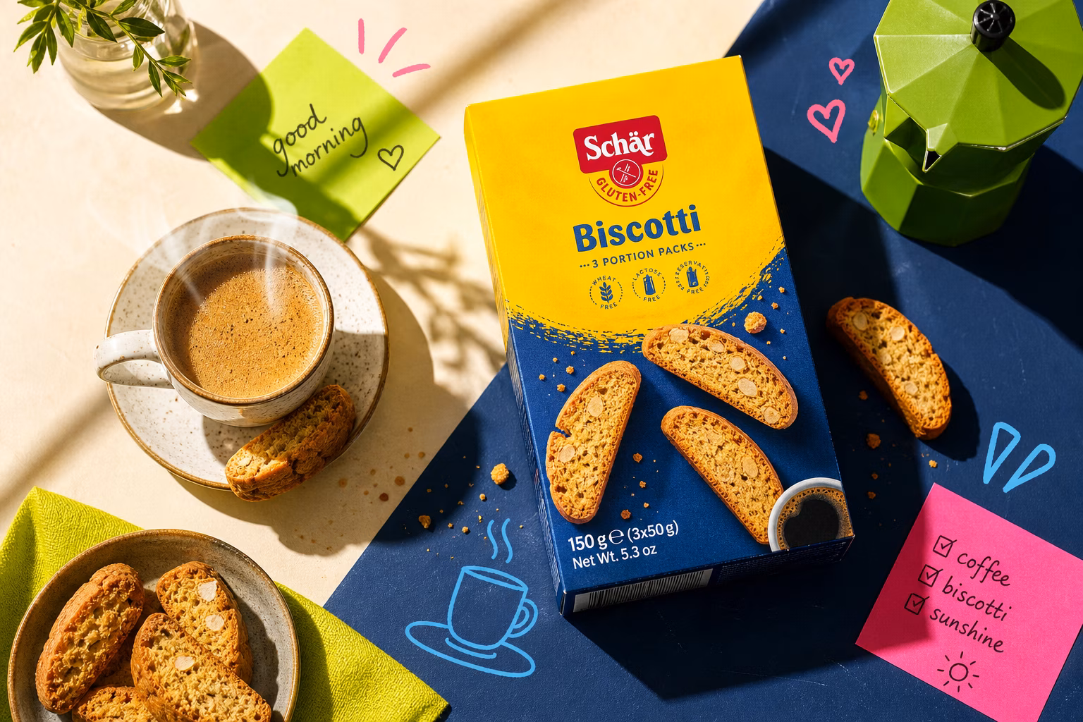 Schar gluten-free biscotti with a cup of coffee.