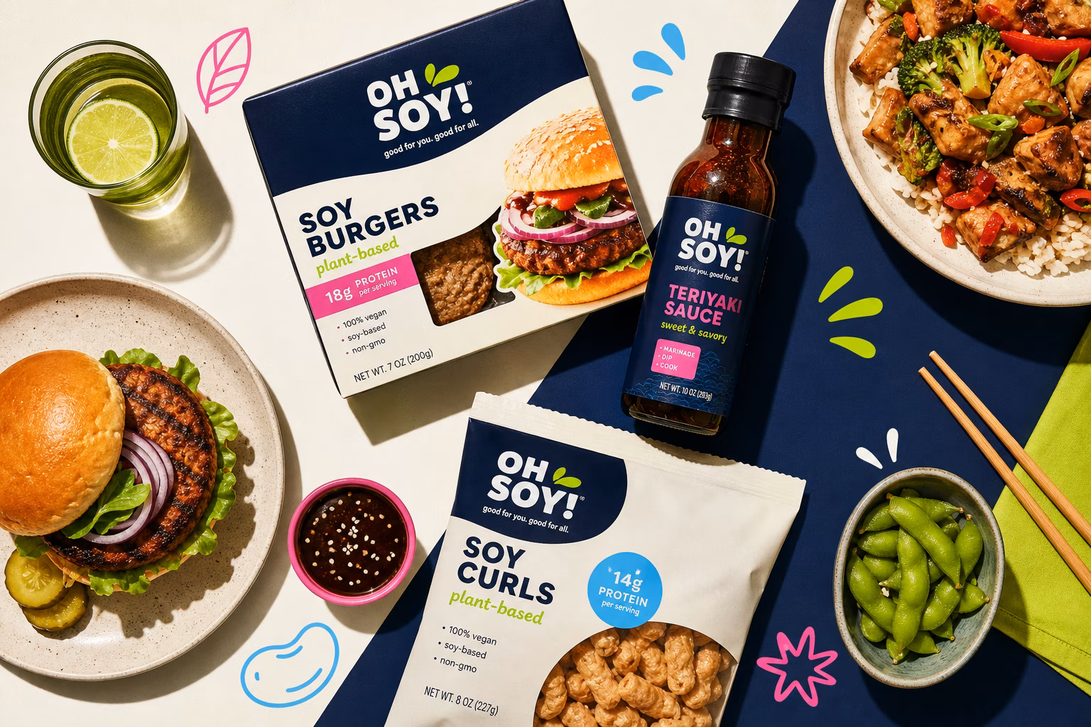 Seasoned soy products including soy burgers and teriyaki sauce