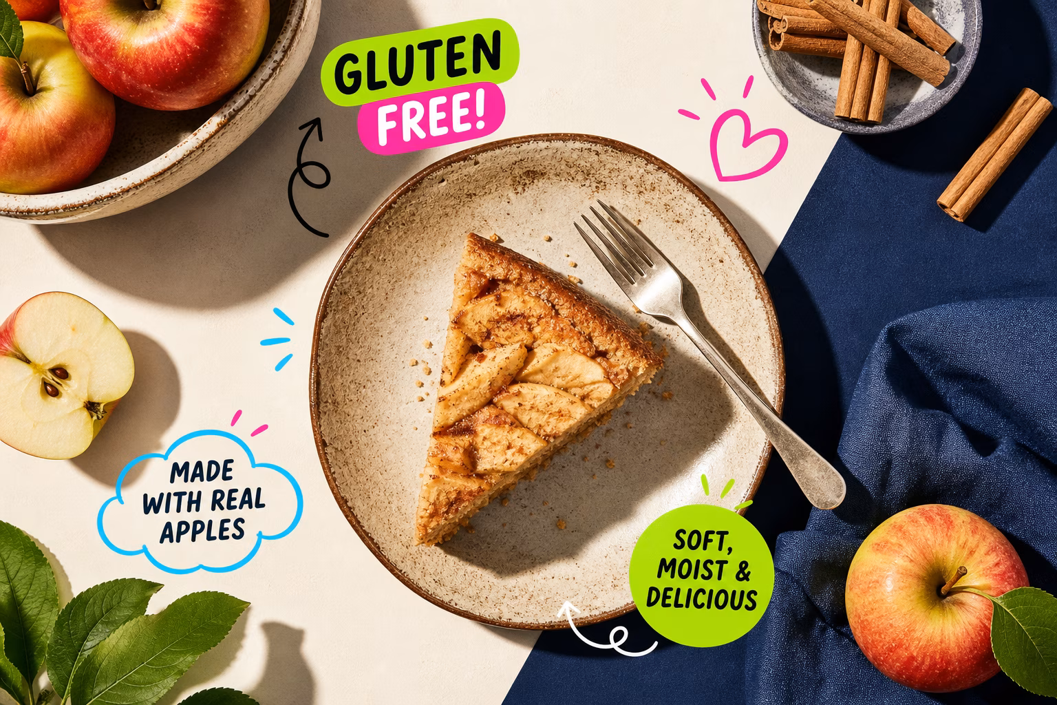 Slice of gluten-free apple cake with fresh apples