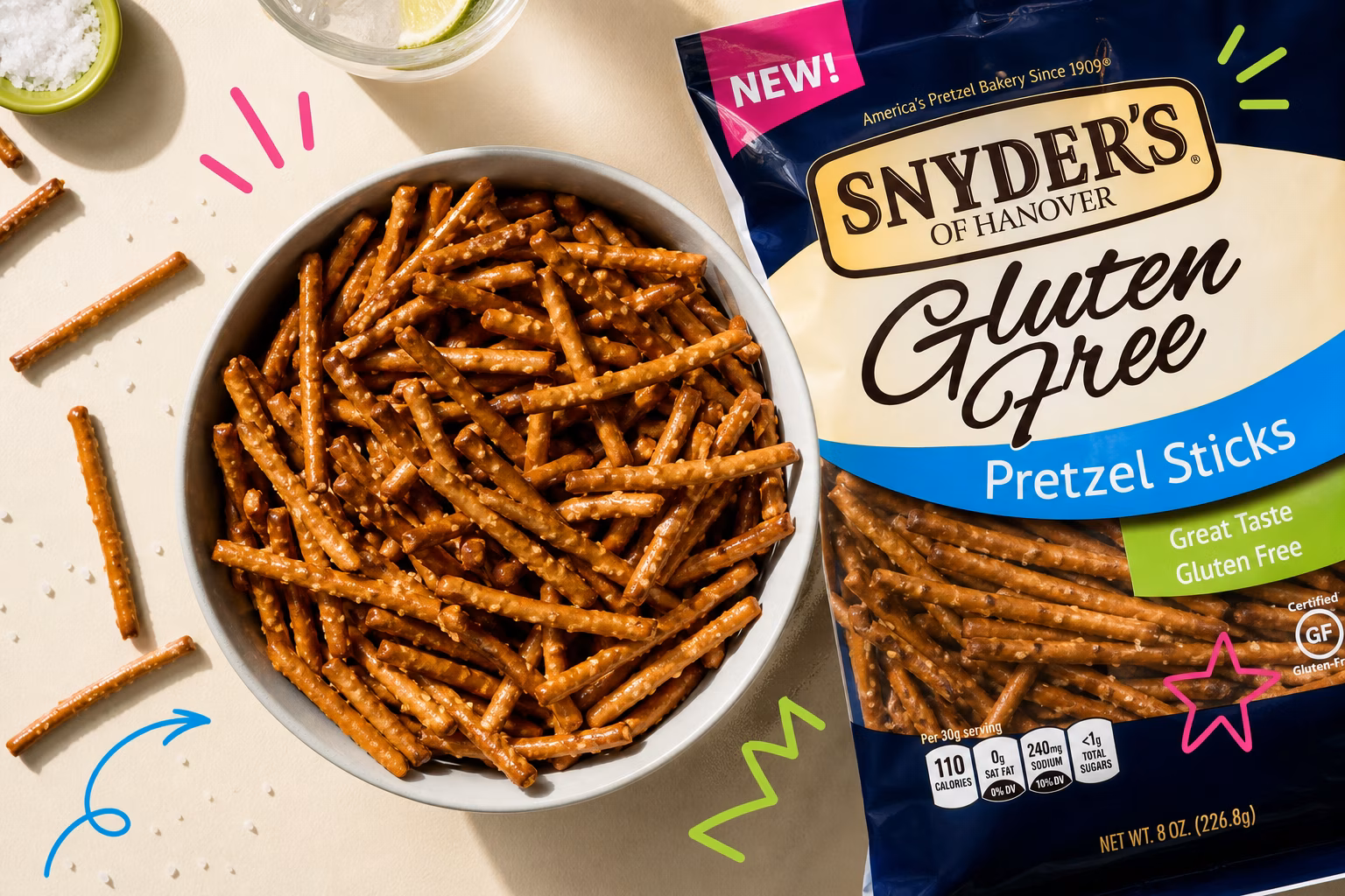Snyder's of Hanover gluten-free pretzel sticks in a bowl.