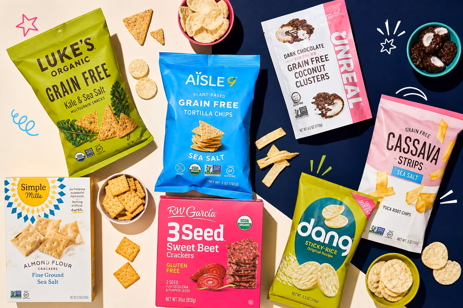 Variety of gluten-free chips and crackers on a shelf