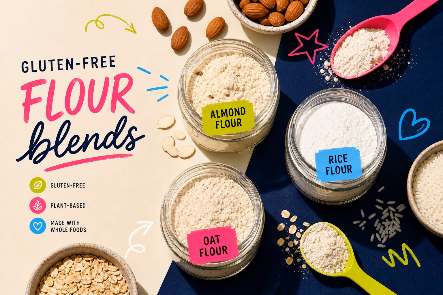 Variety of gluten-free flour blends in glass jars