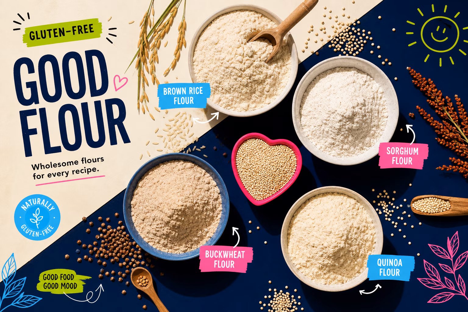 Various gluten-free flours in bowls