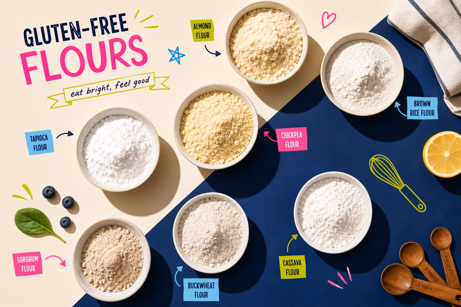 Assorted gluten-free flours in bowls
