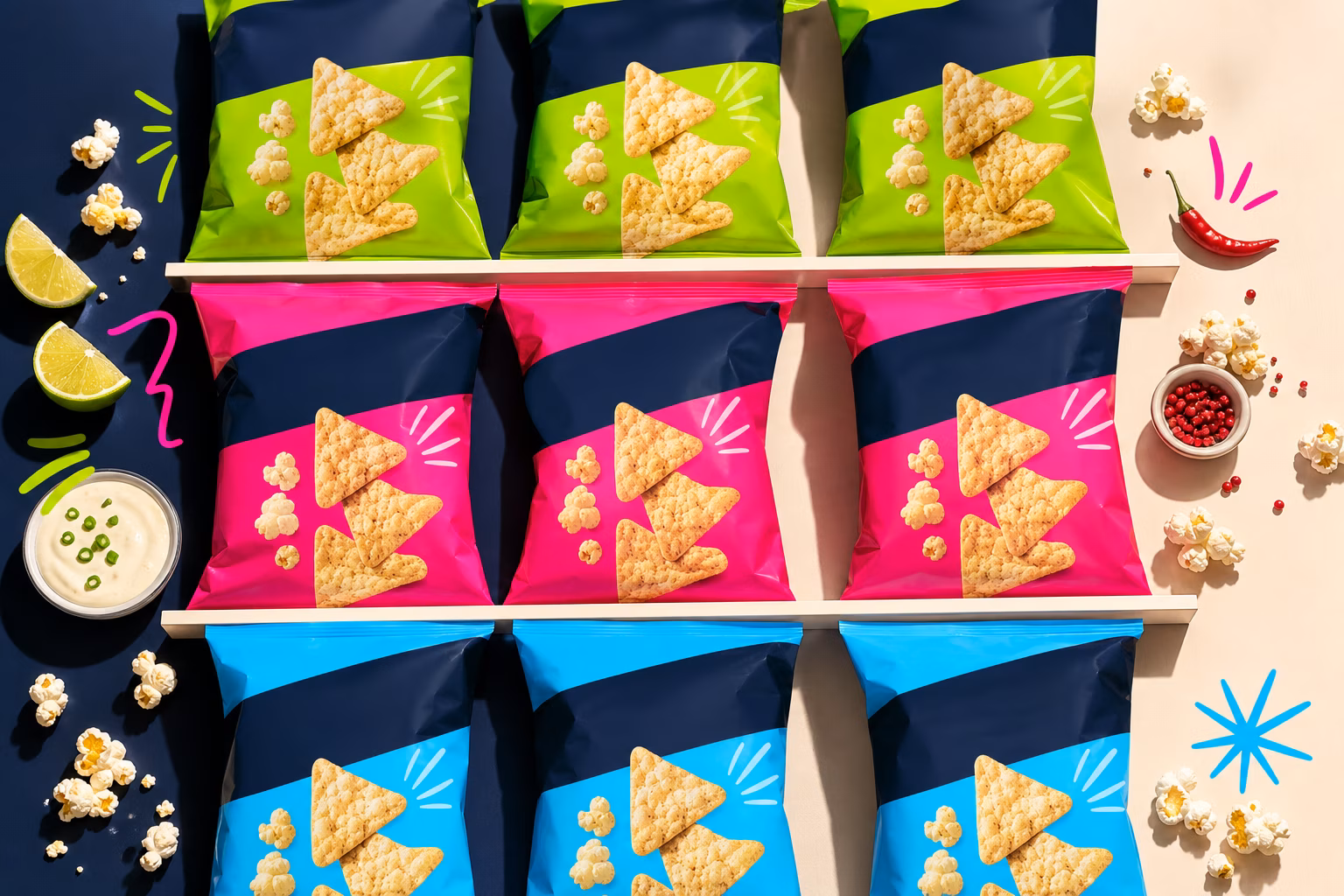 Bags of Popcorners chips on a supermarket shelf