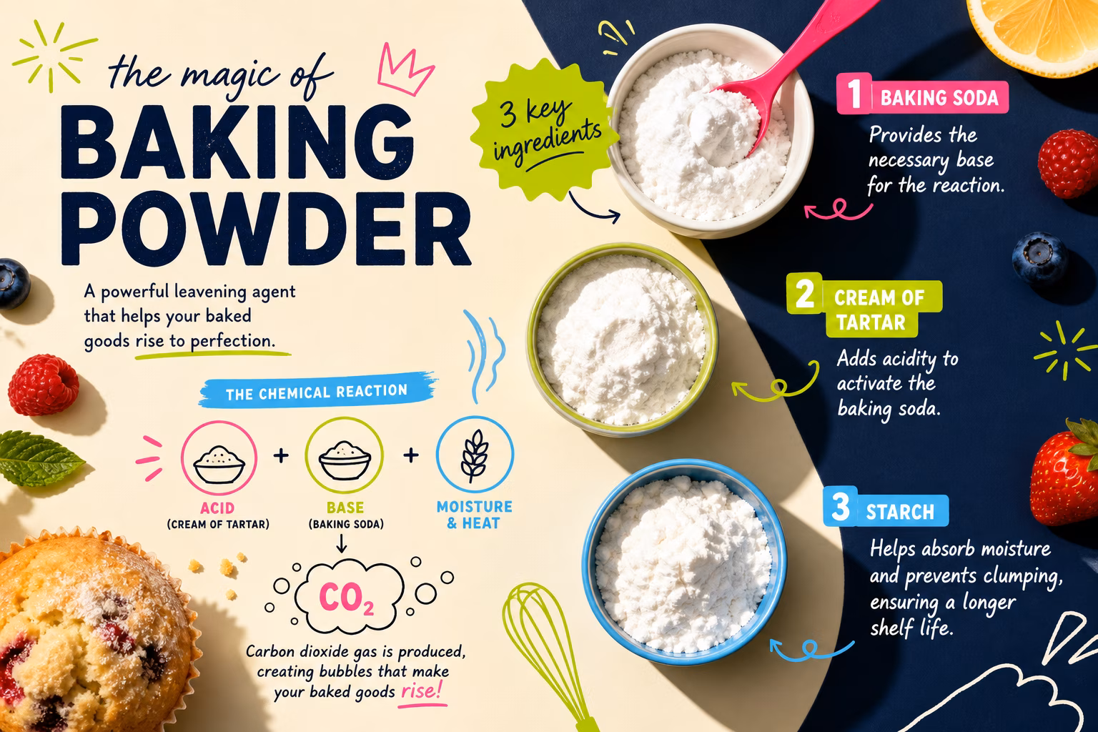 Baking powder ingredients with chemical reaction illustration