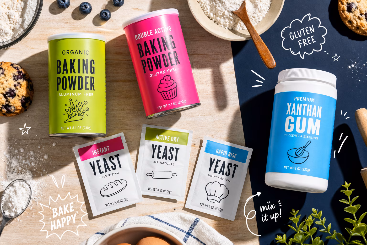 Baking powders, yeast, and xanthan gum on a kitchen counter