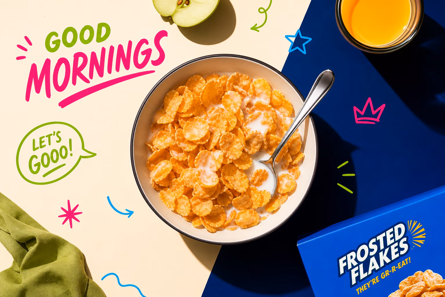 Bowl of frosted flakes cereal