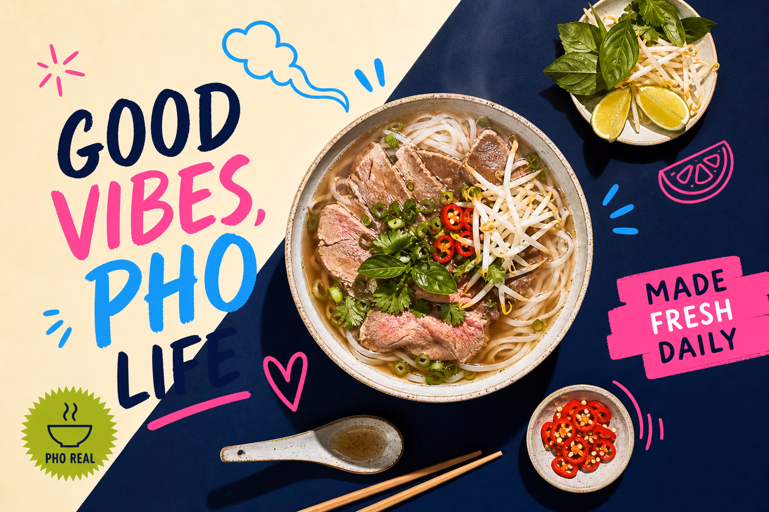Bowl of pho with rice noodles and fresh herbs