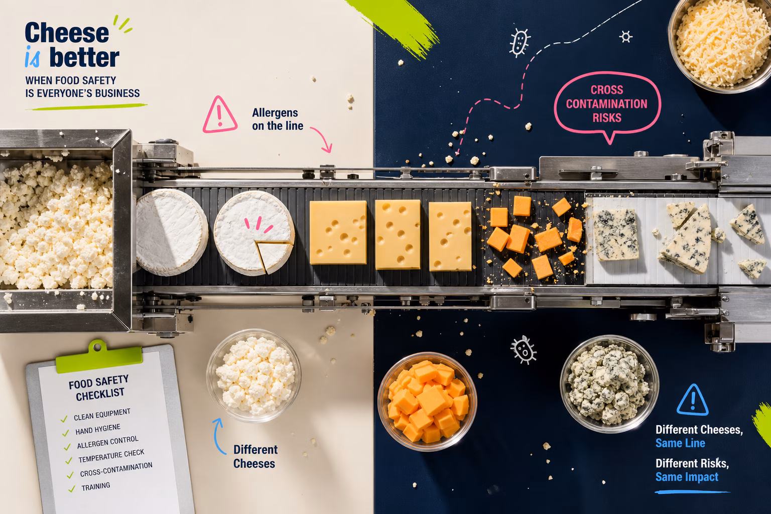 Cheese production line with various products
