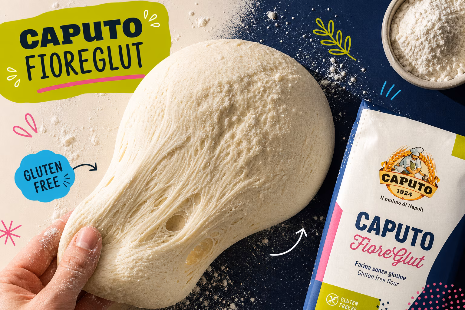 Close-up of kneaded gluten free dough with Caputo FioreGlut