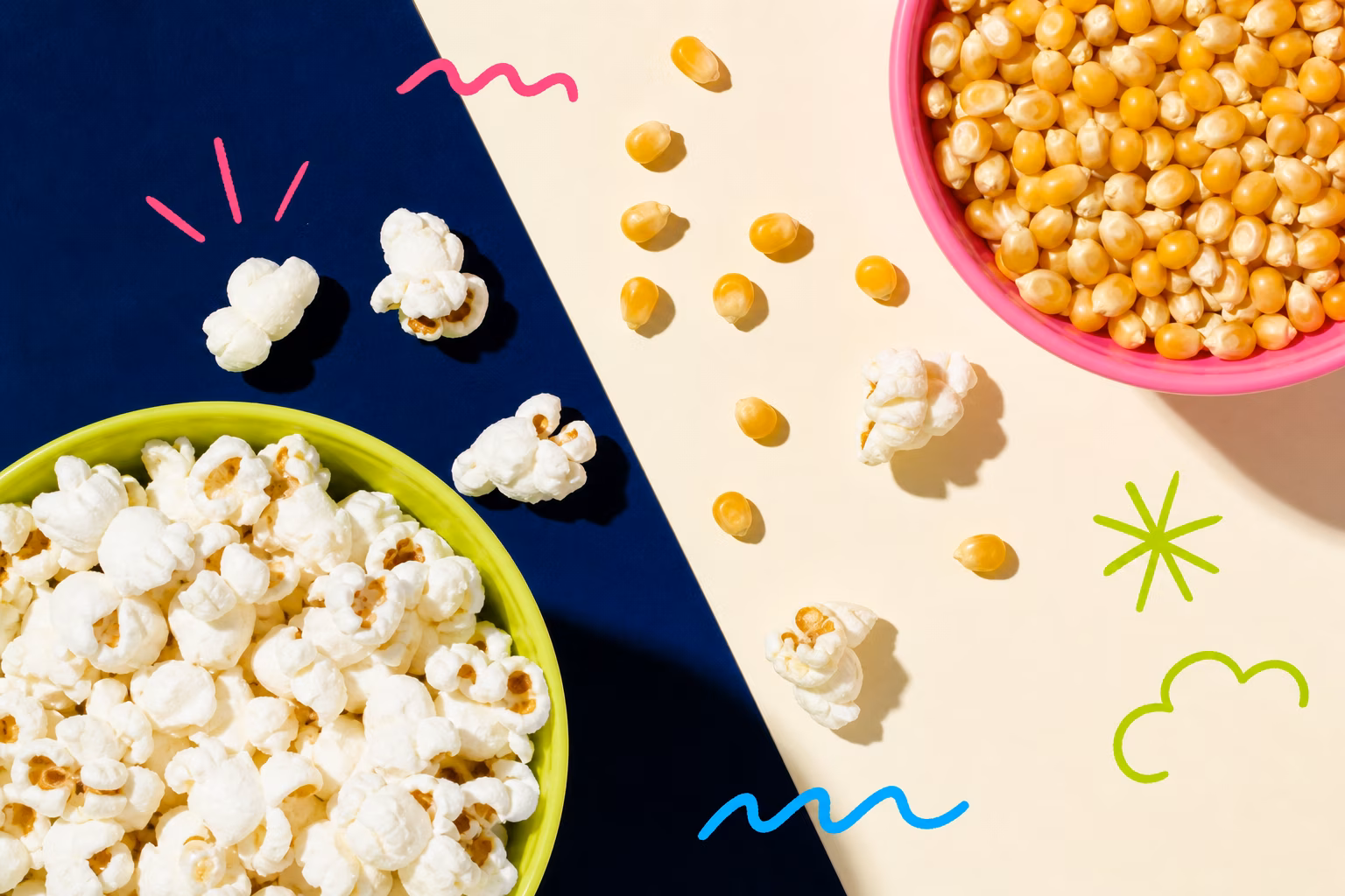 Close-up of plain popcorn kernels and popped corn