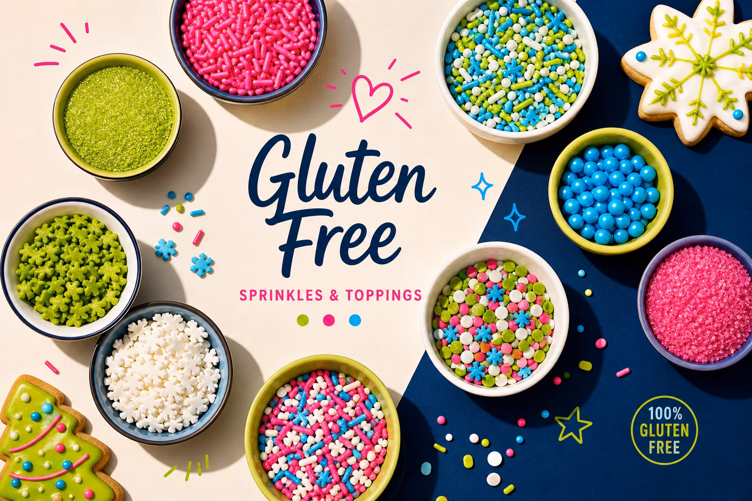 Colorful gluten free sprinkles and toppings for cookies