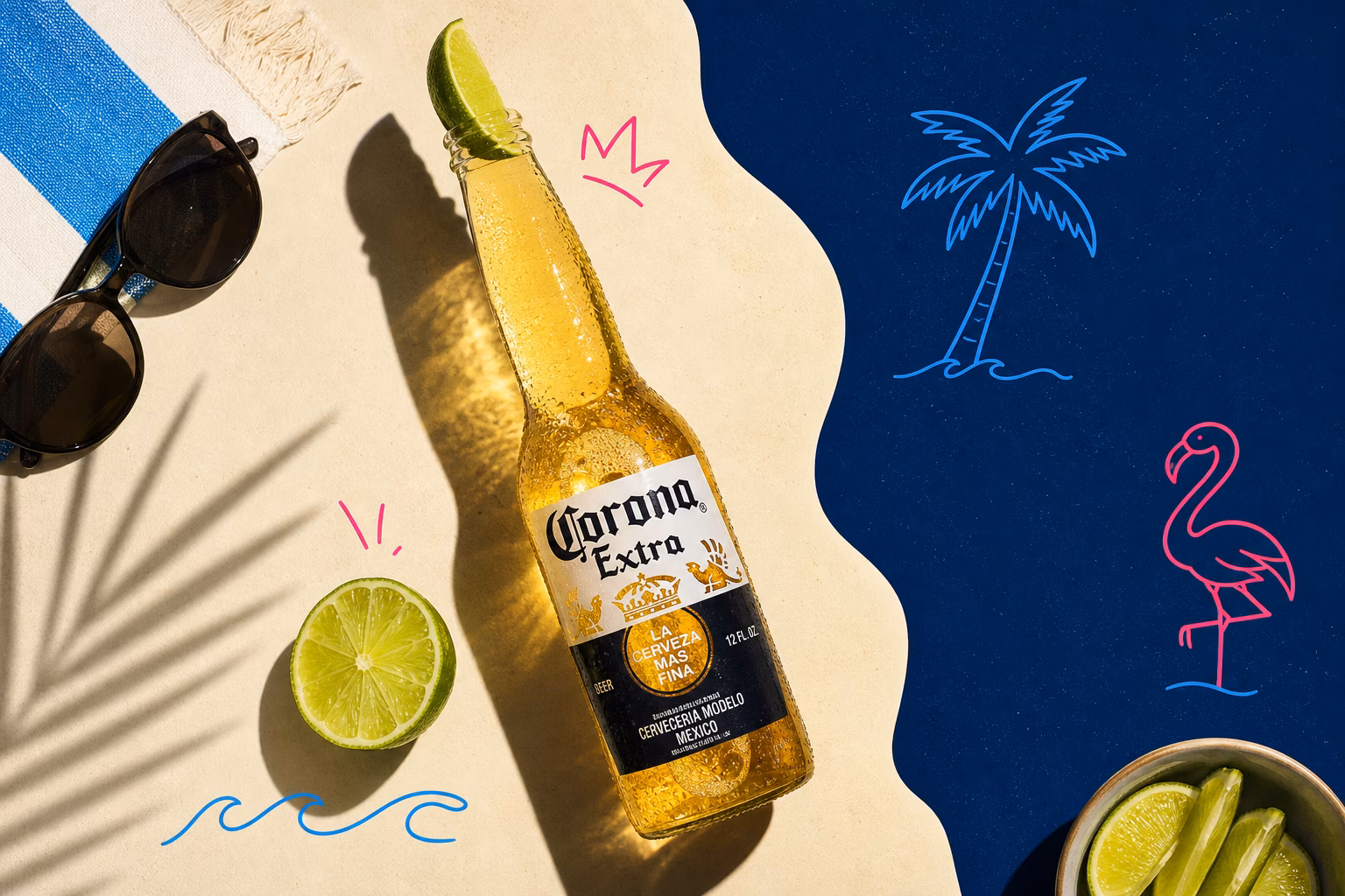 Corona beer bottle with lime on a beach