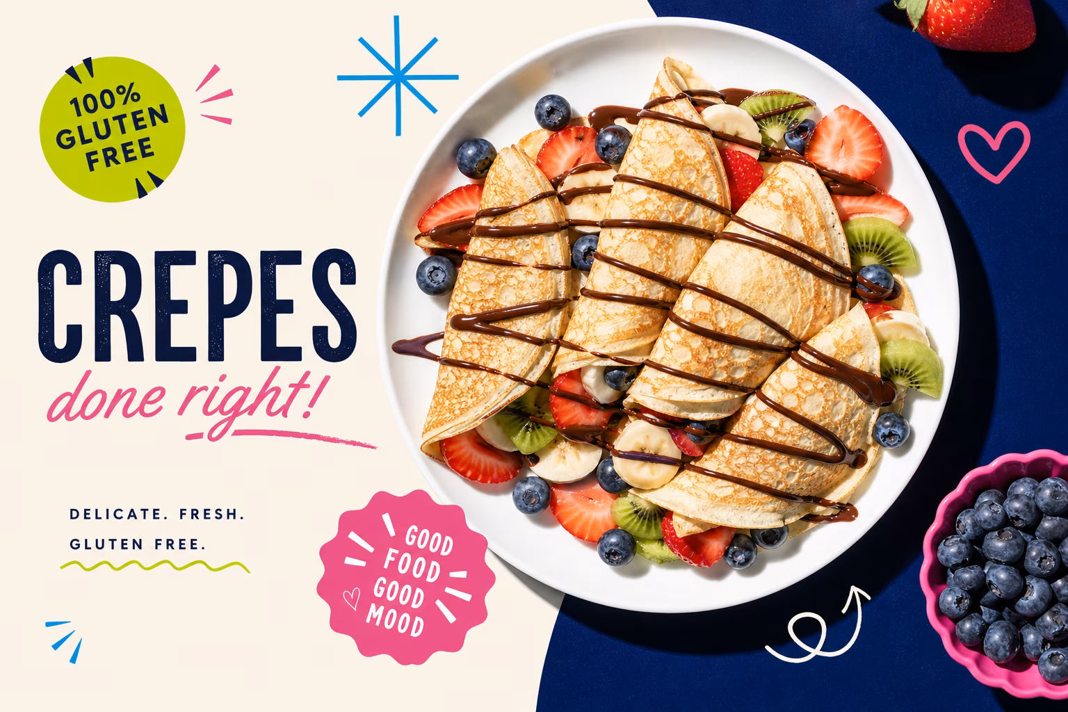 Delicate gluten-free crepes with fruit and chocolate