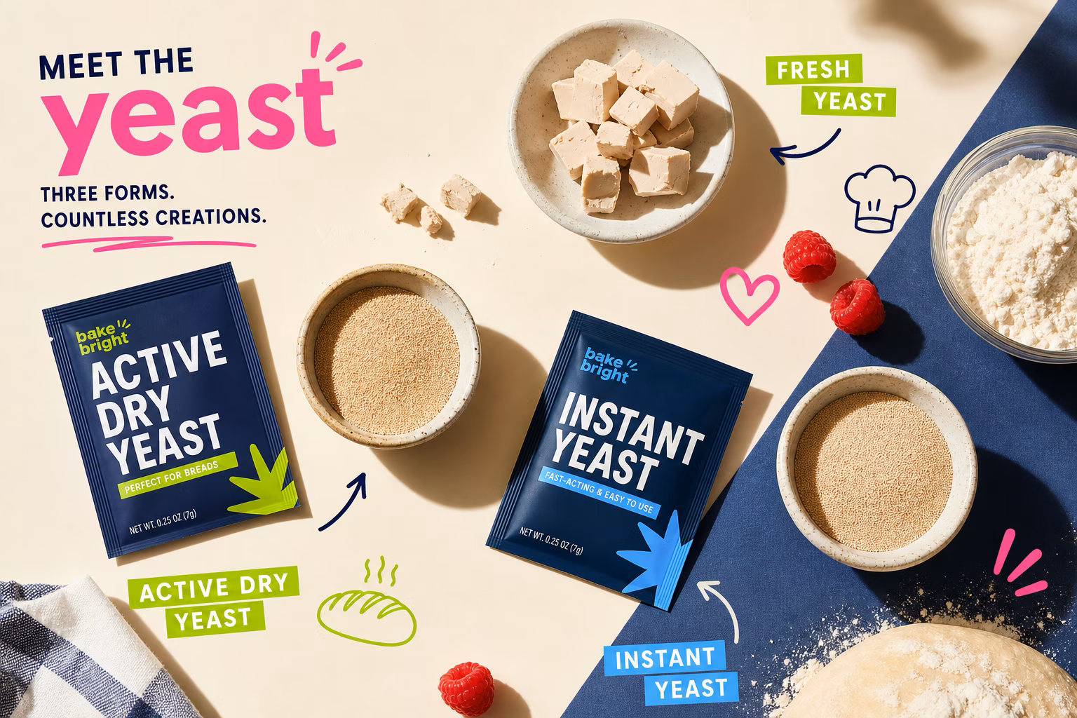 Different types of yeast on a kitchen counter