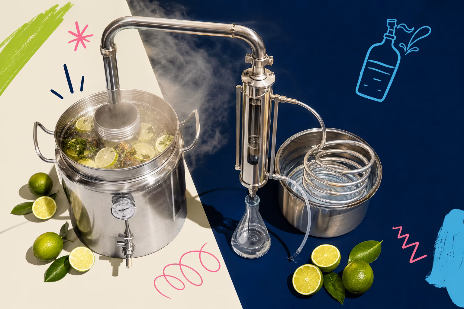 Distillation apparatus showing the process of alcohol distillation
