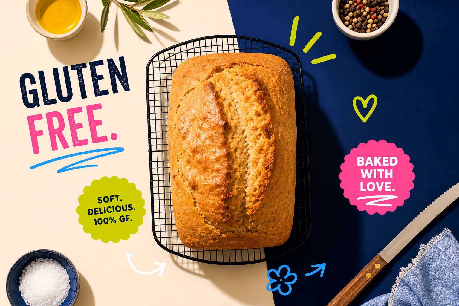 Freshly baked gluten free bread loaf cooling on wire rack