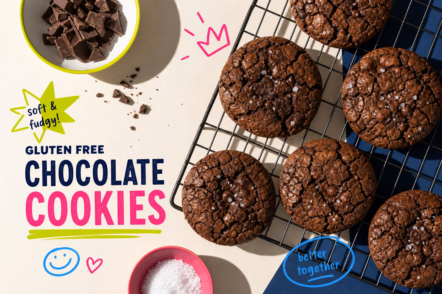 Freshly baked gluten free chocolate cookies on a cooling rack