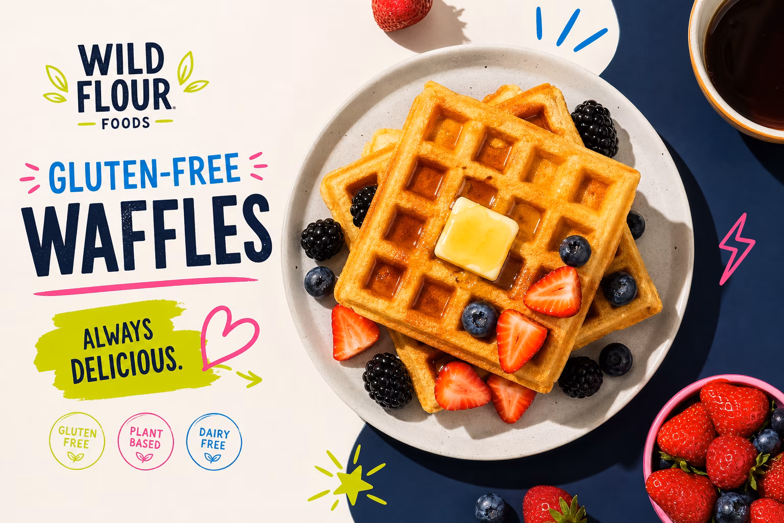Golden brown gluten-free waffles with syrup