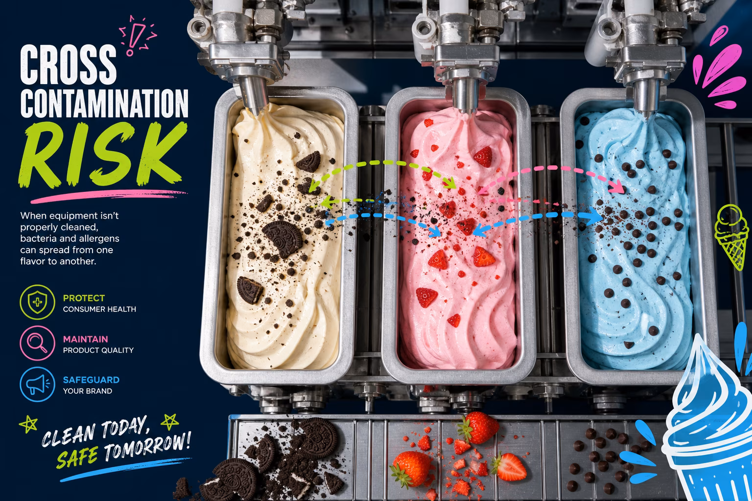 Ice cream manufacturing line with various flavors