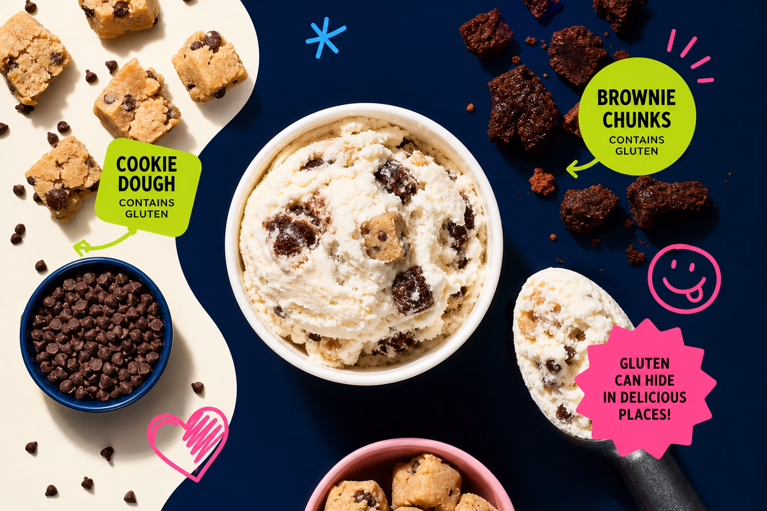 Ice cream with cookie dough and brownie chunks