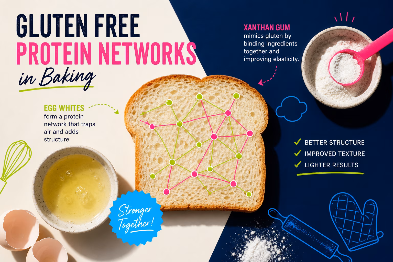 Illustration of gluten free protein networks in baking