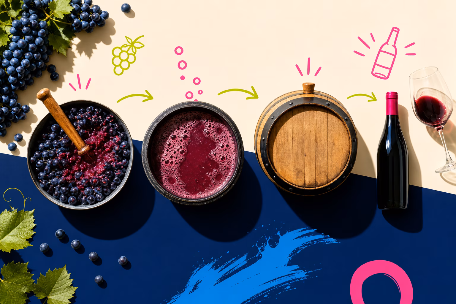 Illustration of the winemaking process from grapes to bottles