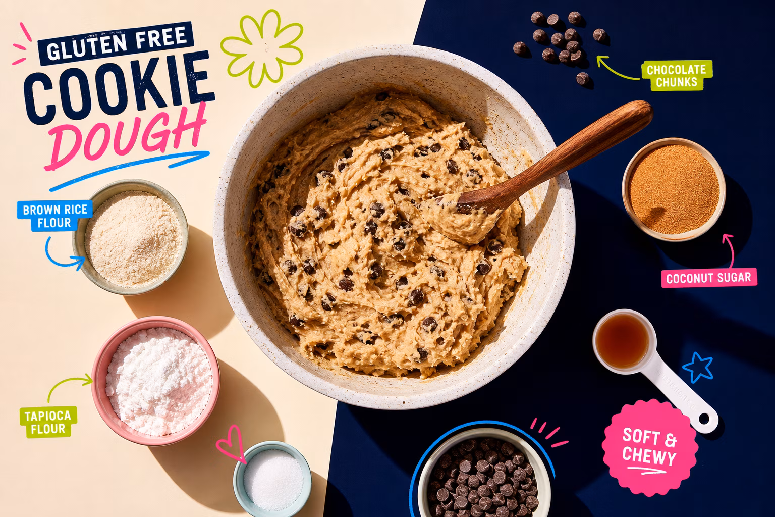 Mixing gluten free cookie dough with various ingredients